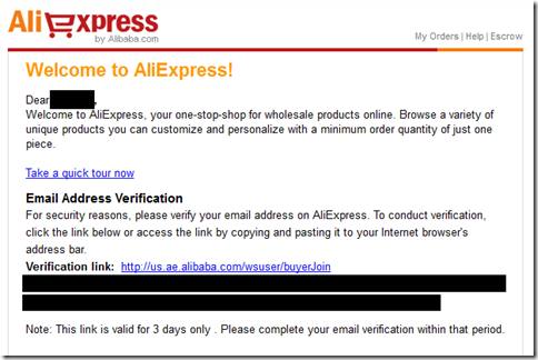 AliExpress 確認メール