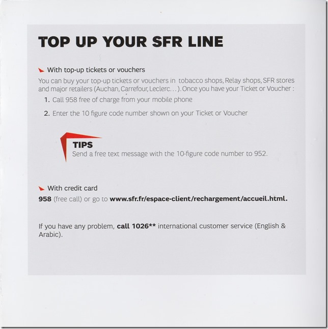 SFRのプリペイドSIMカードの説明書の英語のページ