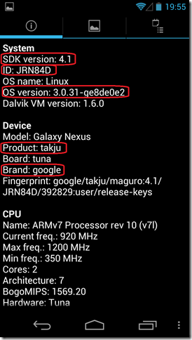 Nexus Galaxy Quadrantシステム情報 (Android 4.1)