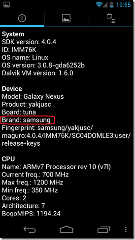 Nexus Galaxy Quadrantシステム情報 (Android 4.0)