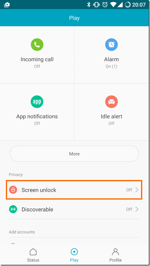 Mi FitアプリのScreen unlockメニュー