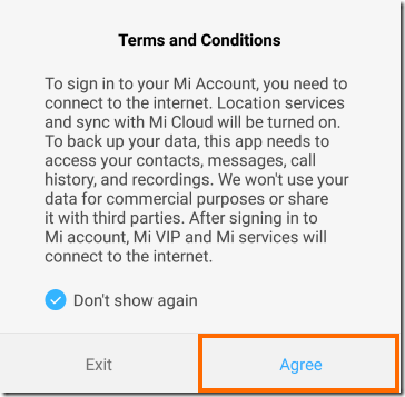 Mi AccountアプリのTerms& and Conditions