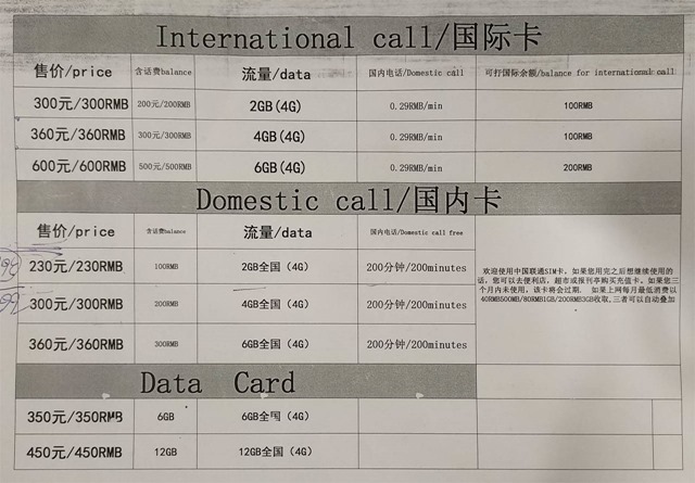 上海浦東国際空港 荷物受取りエリアでの値段表