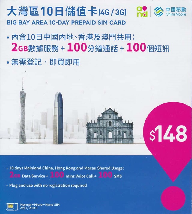 中国移動香港のプリペイドSIMカードのパッケージ 表