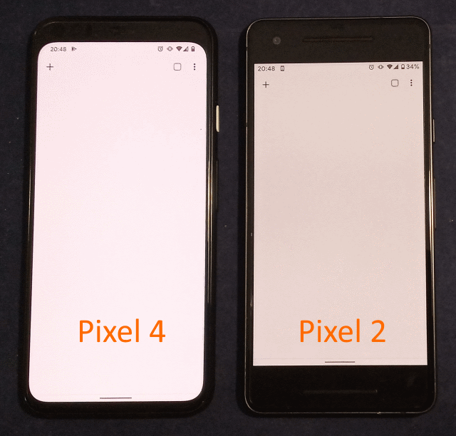 Pixel4とPixel 2のディスプレイの比較