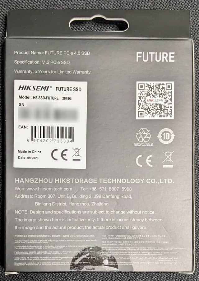 HIKSEM HS-SSD-FUTURE 2048Gのパッケージ 裏
