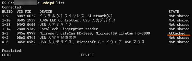 usbipd attachを実行した状態