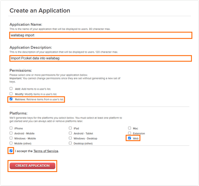 Create an Applicationでの入力